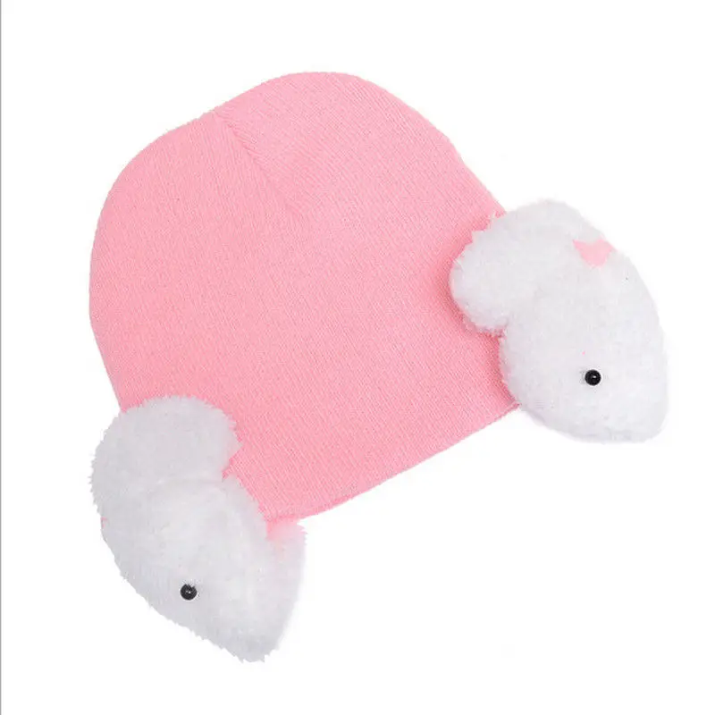Рождественская шапка для маленьких девочек; теплая зимняя шапка для малышей; детская вязаная шапочка с ушками; вязаная шапочка Кролик; шапка для младенцев - Цвет: Розовый
