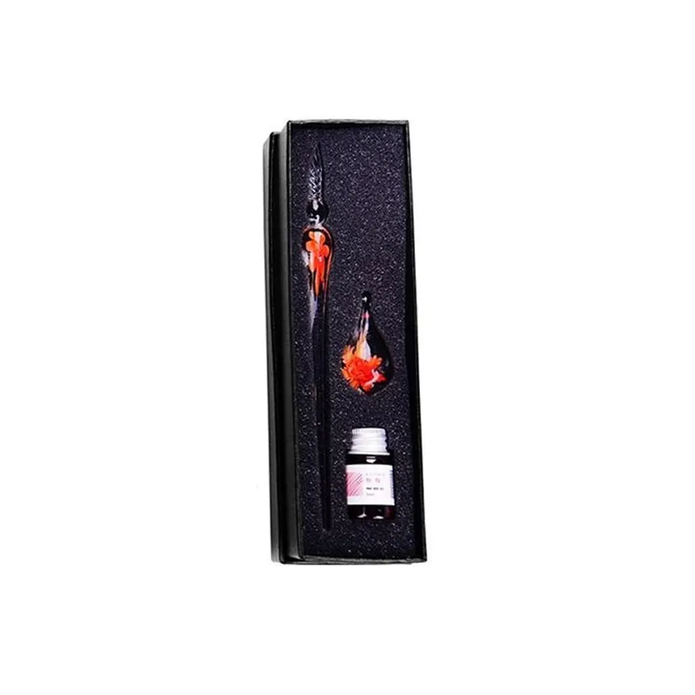 Glass Dip Pen Faux Crystal Ink Signature Inside Flower for Writing Art Decor Gift - Color: Orange