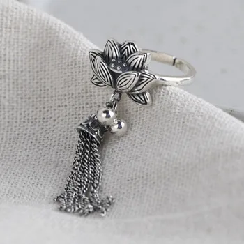 

New S925 pure silver jewelry fashion lotus silver beads tassel pendant female models adjustable lotus Thai silver woman ring