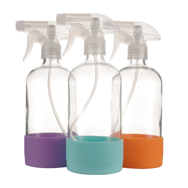 2 Pack Reusable Empty 500ml Amber Clear Glass Spray Bottle Silicone Sleeve 16 OZ Refillable Container With Black Trigger Sprayer-2