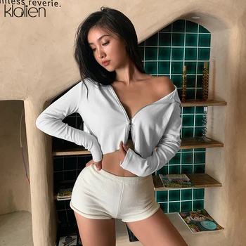 

KLALIEN autumn hot Zipper V-Neck knitting Hooded Long Sleeve Women Casual Thin coat 2019 Knitted stretch Slim Female tops
