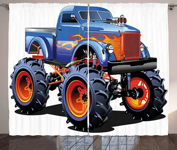 

Man Cave Curtains Cartoon Monster Truck with Huge Tyres Off-Road Heavy Large Tractor Wheels Turbo Living Room Bedroom Window