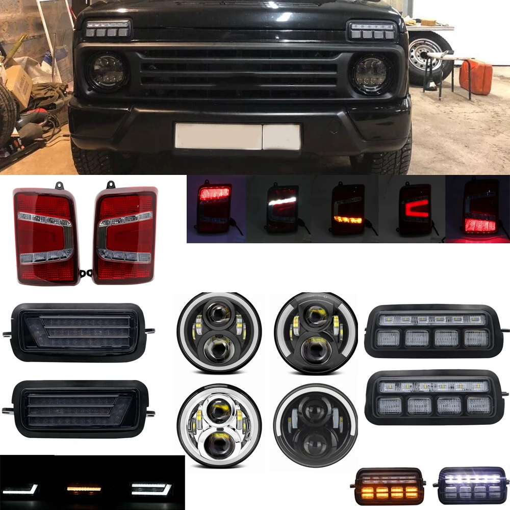 

For Lada Niva 4X4 1995 LED DRL lights with White Daytime Running Light Amber Turn Signal Tail light +7inch Led Headlight Bracket