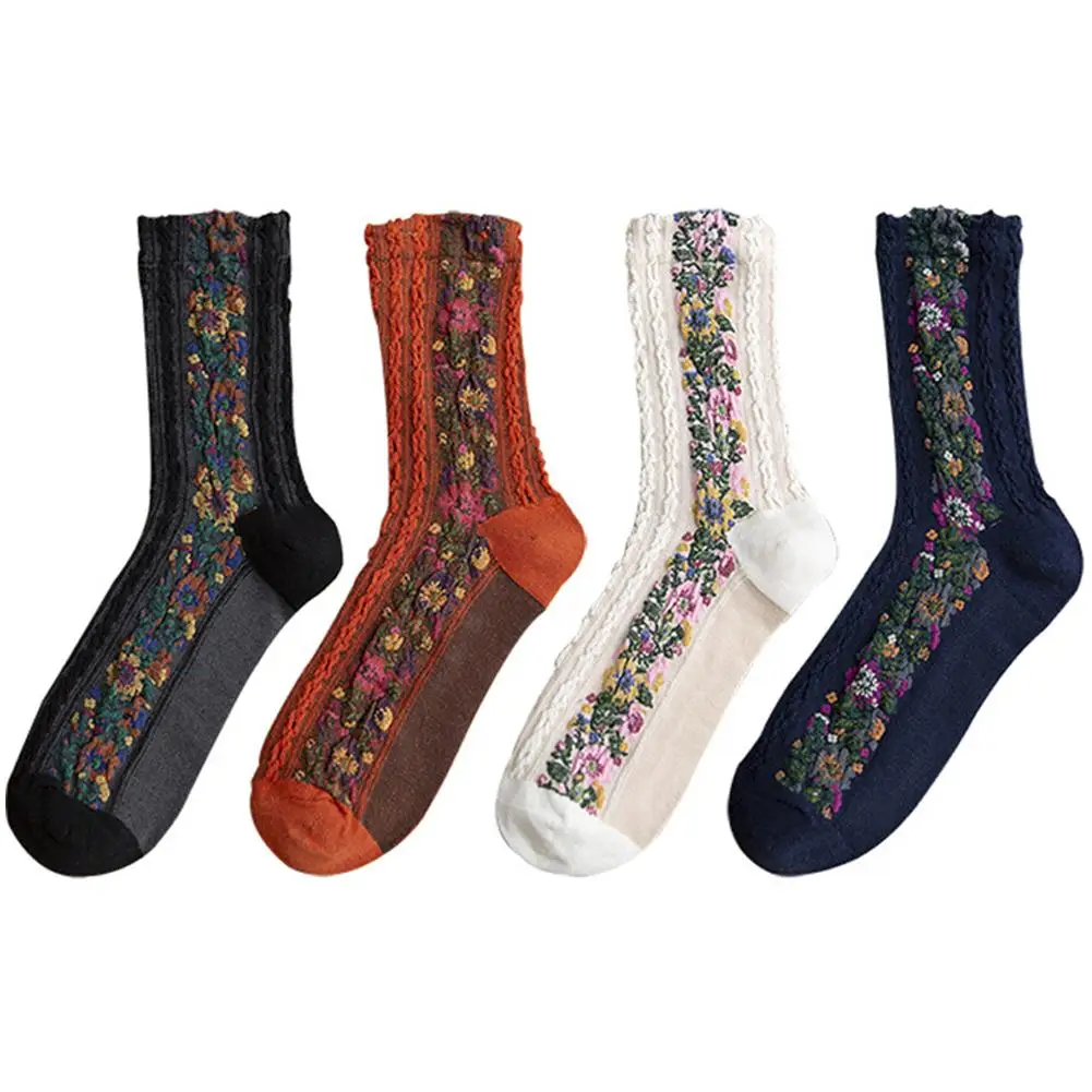 Харадзюку Цветочные забавные Женские носочки, теплый хлопок, европейский и американский национальный ветер, искусство ручной работы, креативный Skarpetki Sokken Calcetines Mujer