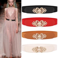 New Fashion Thin PU Leather Belt Simulated Pearl Elastic Waistbands white pearls flower buckle Women for Dress Girls