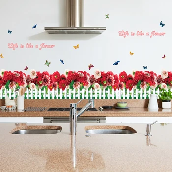 

Red Flower Butterfly Kitchen Baseboard Wall Sticker Cabinet Stove Waist Line Border Decoration Poster PVC Corner Art Mural