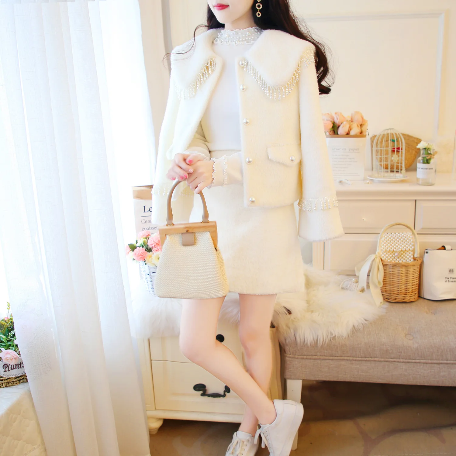 Two Piece Outfits for Women Heavy Industry Pearl Doll Collar Mink Short Coat Skirt Two-piece Suit
