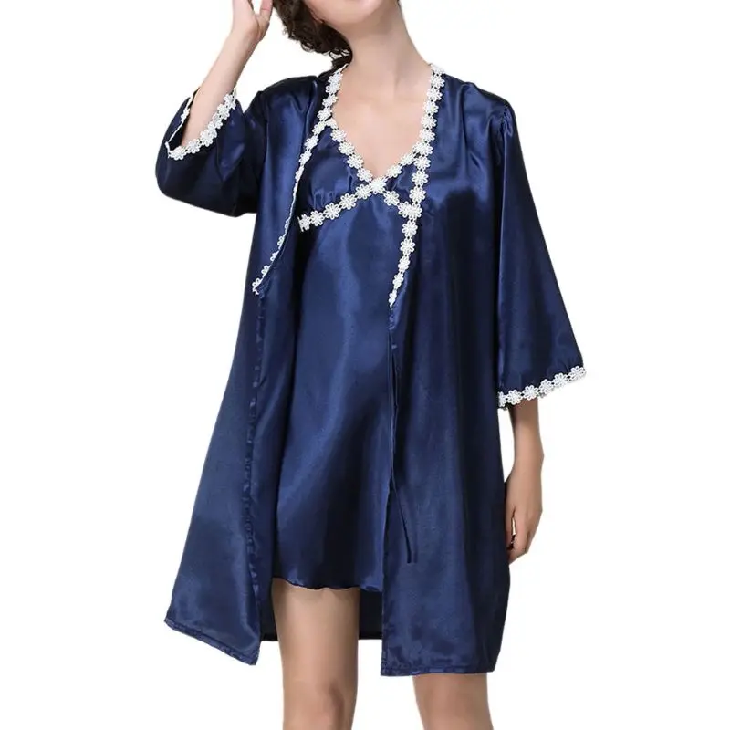 Womens Sexy Ice Silk Half Sleeve Kimono Robe Nightdress Sleepwear Set Flower Lace Pajamas Deep V-Neck Padded Camisole Nightgown