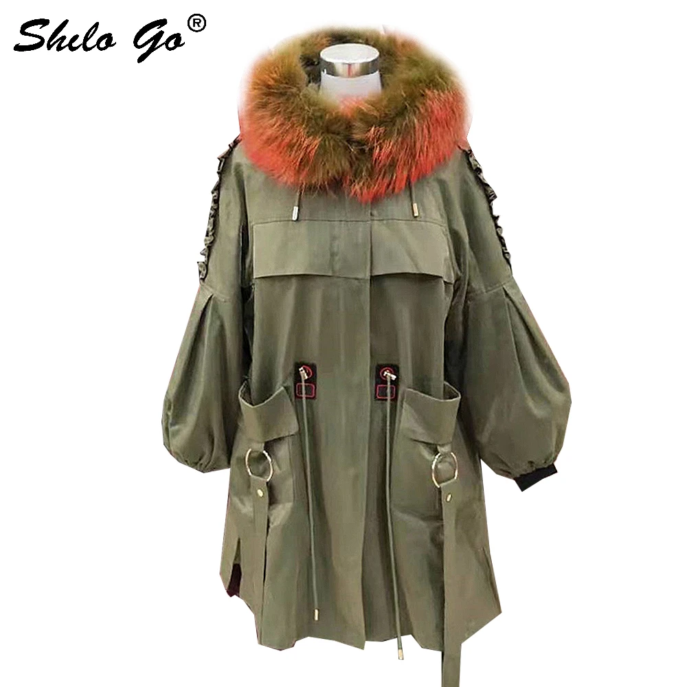 

Fur Coat Safari Style Real Raccoon Fur Collar Hooded Bishop Sleeve Rabbit Fur Lining Long Coat Women Winter Casual Warm Outwear
