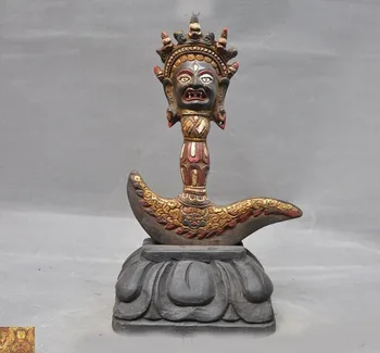 

wedding decoration 11"Tibet Buddhism Bronze Painted Mahakala Vajra Phurpa Dagger equipment faqi Ax