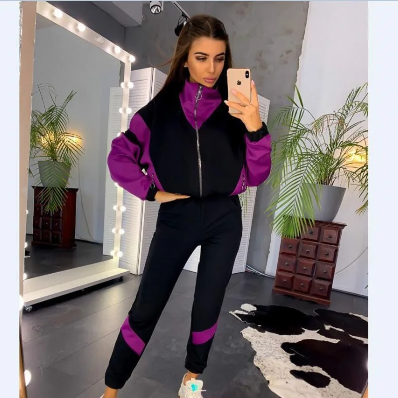 

Geometric fashion 2 piece sports set women zipper coat and long pants autumn winter casual tracksuit outfit DWP1071