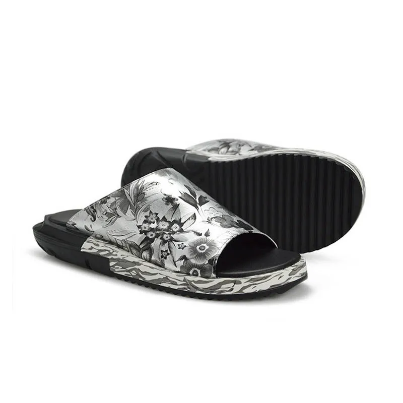 

Мужские сандалии без застежки, коричневые повседневные сандалии из натуральной кожи, пляжная обувь на толстой подошве с цветами, лето