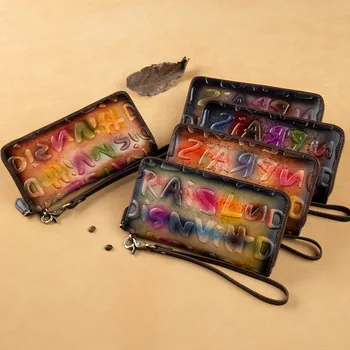 

Genuine Leather Women's Long Wallets Vintage Embossed Purse Retro Large Capacity Female Zipper Card Holder Handmade Clutch Bag