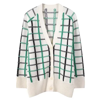 

Women Cardigan Loose V-Neck Striped Plaid Knitted Sweater Coat Contrast Color Maxi Long Sleeve Oversized Top Autumn Winter