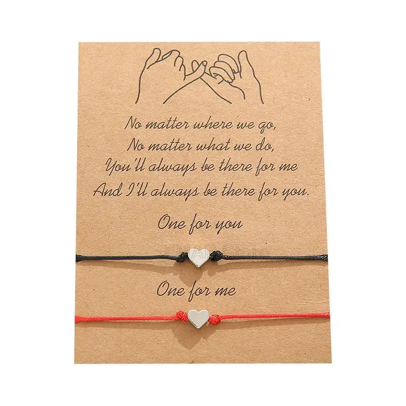 Bracelet Jewelry 2Pcs/Set Tiny Heart Charm Bracelets for Couple Red Black String Braiding Rope Bracelet for Men Women Wish Card handmade