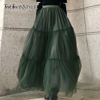 

TWOTWINSTYLE Elegant Women Skirts High Waist Patchwork Mesh Plus Size Loose Maxi Ball Gown Skirt For Female 2020 Spring Fashion