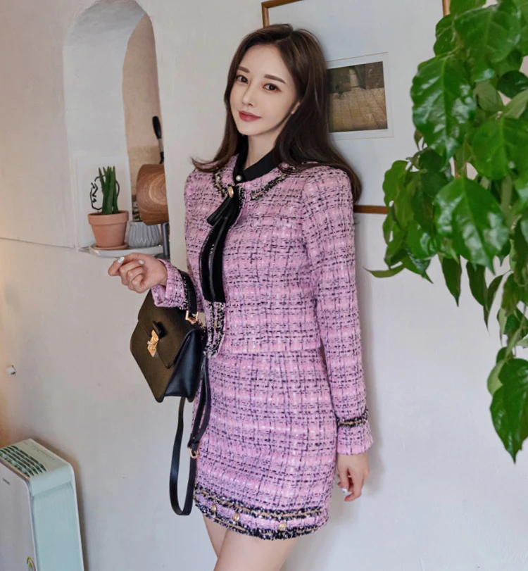 Осеннее короткое пальто с бантом в Корейском стиле+ приталенная юбка из твида длиной до колена; однобортное пальто с рукавом три четверти