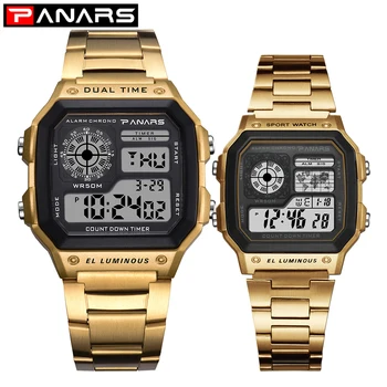 

PANARS Mens Gold Watches Countdown Time Square Date Stainless Steel Digital Sports Wristwatch 5M Waterproof Relogio Masculino