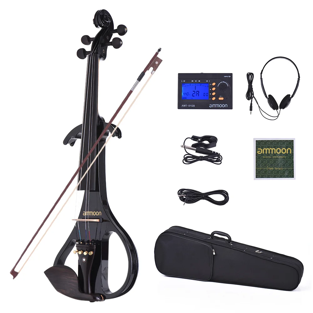 ammoon VE-209 Full Size 4/4 Solid Wood Silent Electric Violin Fiddle Maple Ebony Fingerboard Tailpiece with Bow Hard Case Tuner