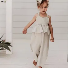 Осенний комбинезон из хлопка и льна, детская одежда для девочек; сезон лето однотонные цветная повязка с открытыми плечами без рукавов на бретельках, шаровары, штаны, костюм