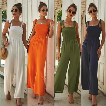

2020 Summer Women Sexy Thin Spaghetti Strap Jumpsuits Ladies Casual Loose Full Length Pants Straight Solid Clothing Streetwear