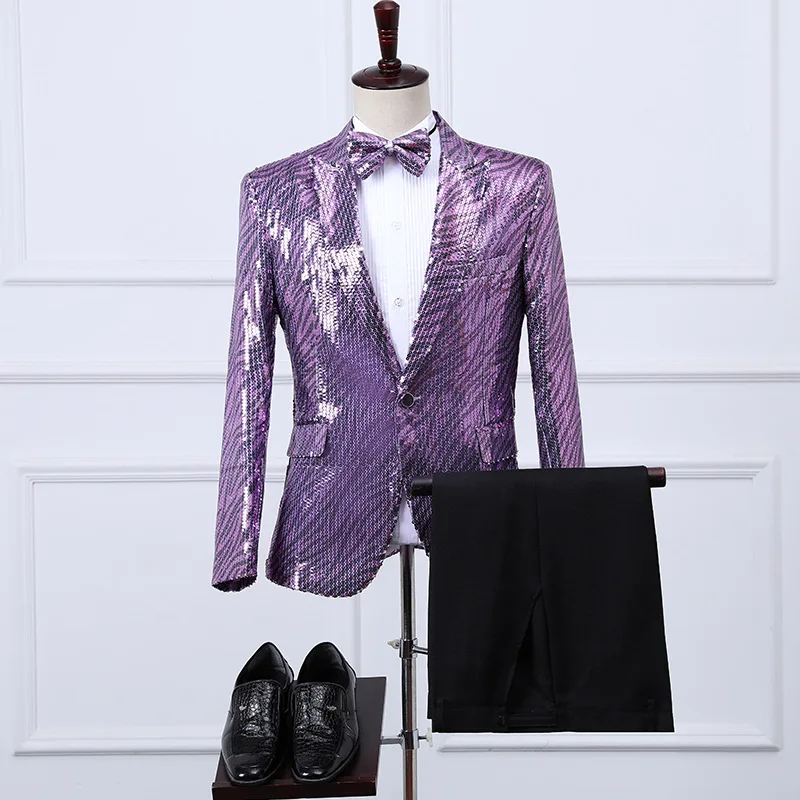 3 шт., фиолетовое платье с блестками, стильный костюм-смокинг на одной пуговице, мужской костюм для ночного клуба, сцены, вечерние, свадьбы, выпускного, Terno Masculino - Цвет: Purple