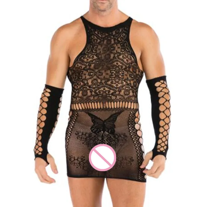 

Men Sexy Lingerie Exotic Sleepwear Bodysuit Hot Sexy Costumes Net Nightdress Porno Nightgown Male Underwear + glove Dropshipping