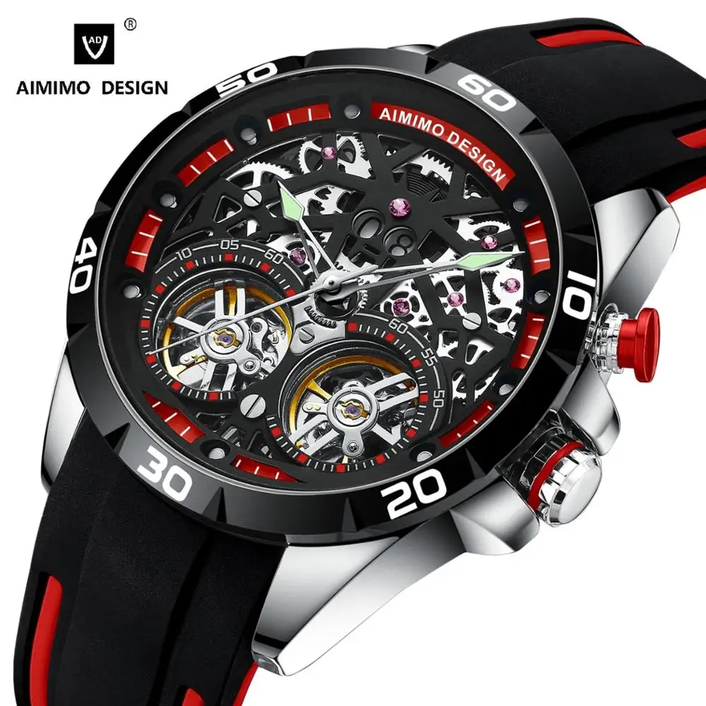 AIMIMO DESIGN Men's Watch Double tourbillon Automatic Hollow out Machine Watches Men Luminous Waterproof 30M Clock Relogio | Наручные