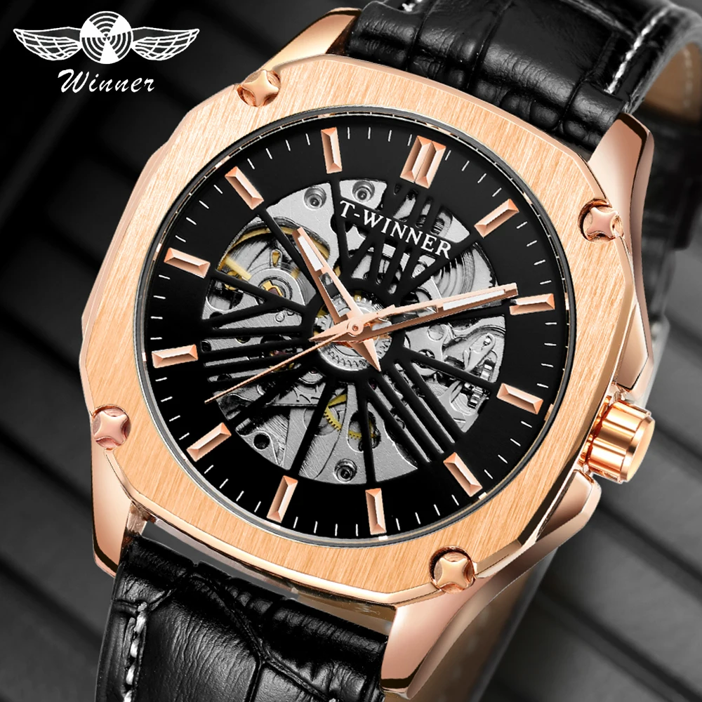 

WINNER Waterproof Military Watch Men Automatic Mechanical Mens Watches Top Brand Luxury Skeleton Dial Leather Strap Wristwatch