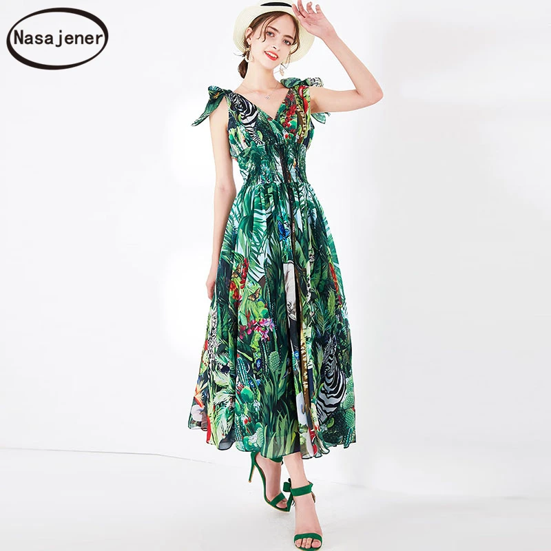 2020 Summer Nieuwe Runway Fashion Zoete Print Elastische Taille V-hals Slanke Sexy Elegante Grote Swing Vakantie Vakantie Vrouwelijke Jurk 2020 Summer Nieuwe Runway Fashion Zoete Print Elastische Taille V-hals Slanke Sexy Elegante Grote Swing Vakantie Vakantie Vrouwelijke Jurk