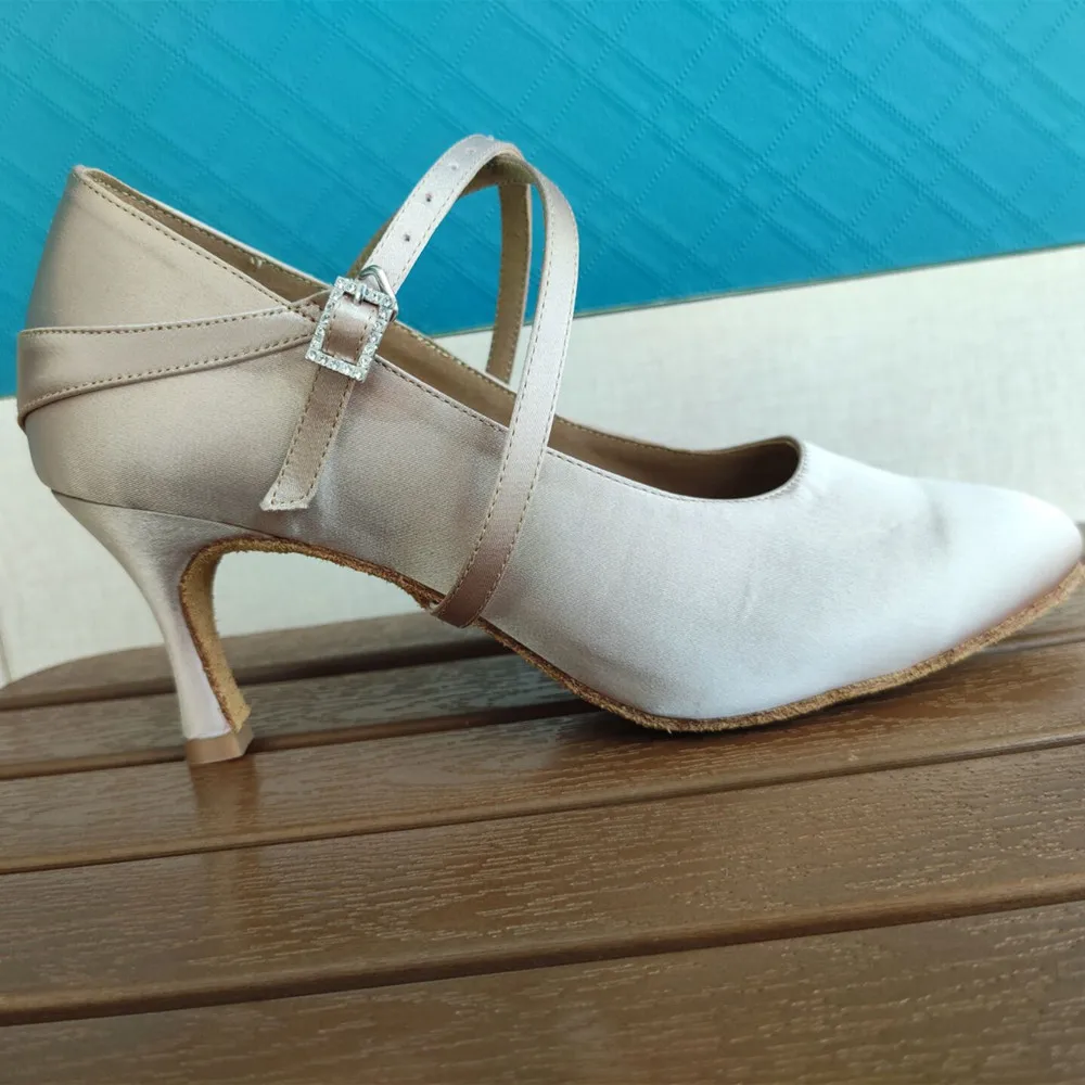 Evkoodance Brand Khaki Color Satin With Crystal Comfortable Woman Modern Ballroom Dance Shoes 7.3cm Heel Evkoo018 customize shoe 3