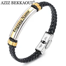 AZIZ BEKKAOUI Черный Модный Выгравированный именной браслет для мужчин DIY Гладкий кожаный уникальный браслет кожаные браслеты, бижутерия для мужчин