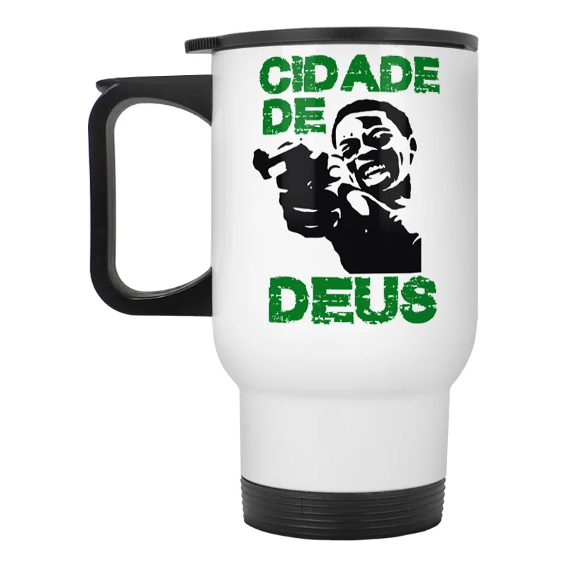 

City of God stainless steel travel car mug with friction lid swivel spout and handle 15oz