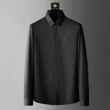 

Formal Business Mens Shirts Neckline Embroidery Long Sleeve Casual Slim Fit Men Dress Shirts Solid Color Social Clothing Blouse