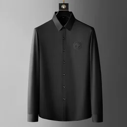 Formal negócios camisas dos homens decote bordado manga longa casual fino ajuste camisas de vestido masculino cor sólida blusa de roupas sociais