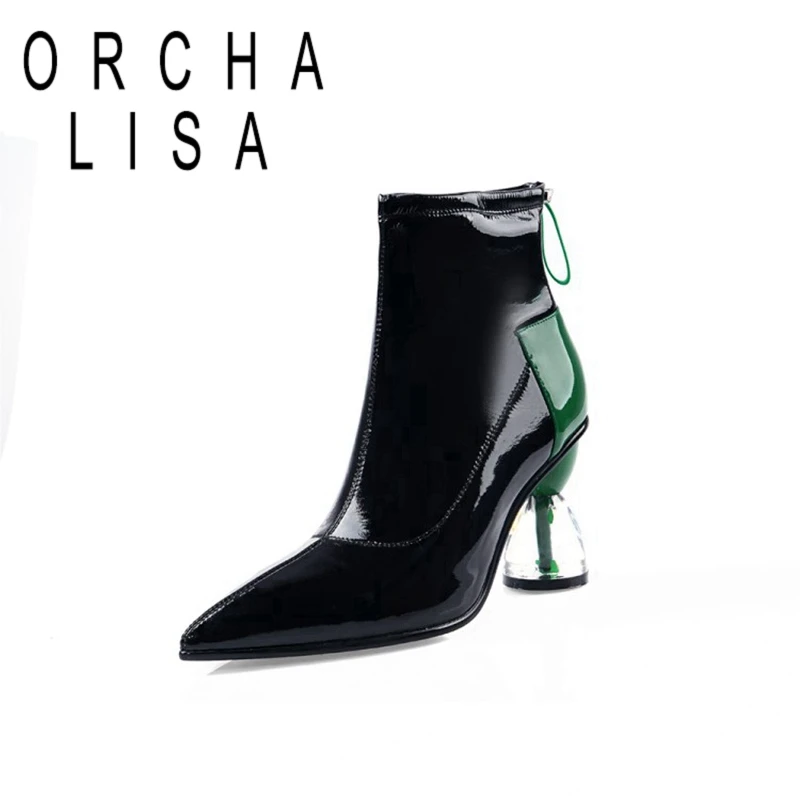 

ORCHA LISA Woman Ankle Boots Genuine leather Pointed Toe Transparent Strange Heels Slip-on Big size 34-43 Mixed Color Atumn
