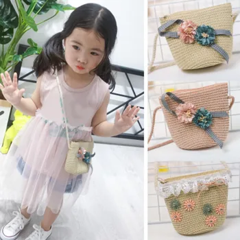 

Children Straw Woven Bags Flower Girl Purse Summer Beach Handbags Shoulder Crossbody Bags J9