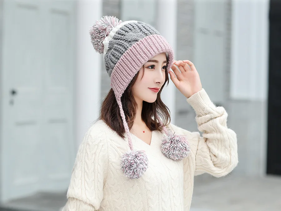 Женские зимние шерстяные шапочки Skullies SUOGRY Femme, теплые шапки с ушками, женские шапочки с помпоном, шапки для бант для девочки, Осенние милые модные