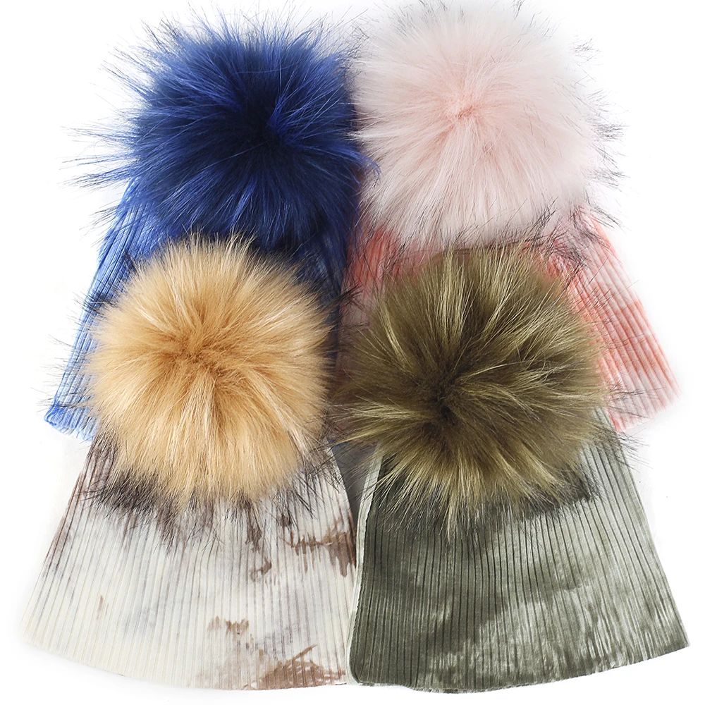 Charm Wood прекрасные Новорожденные Tie Dye Beanie Детские Шляпы Хлопок Мягкий ребристый череп шапка с искусственным мехом помпон для зимы