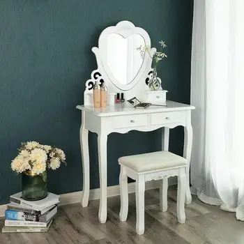 

Heart-shaped Mirror Dressing Table Household Nordic Elegant Dressing Table 4 Drawers With Crystal Handle Beauty Mirror Table HWC