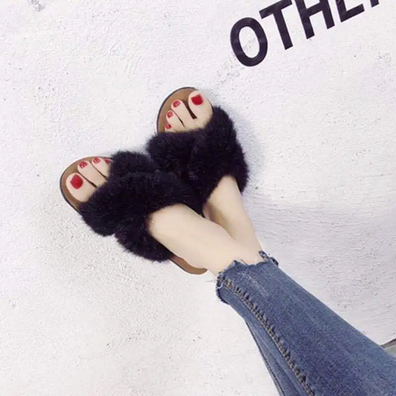 

Concise Faux Fur Open Toe Casual Fluffy Fur Slippers Women Flat With Low Solid Ladies Slides Outside Fashion Winter Shoes