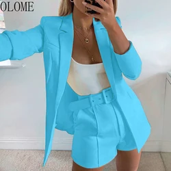 Olome conjuntos de escritório feminino outono manga longa cardigan blazer shorts sólido 2 peça conjunto decoração pant estilo tecido tipo closur