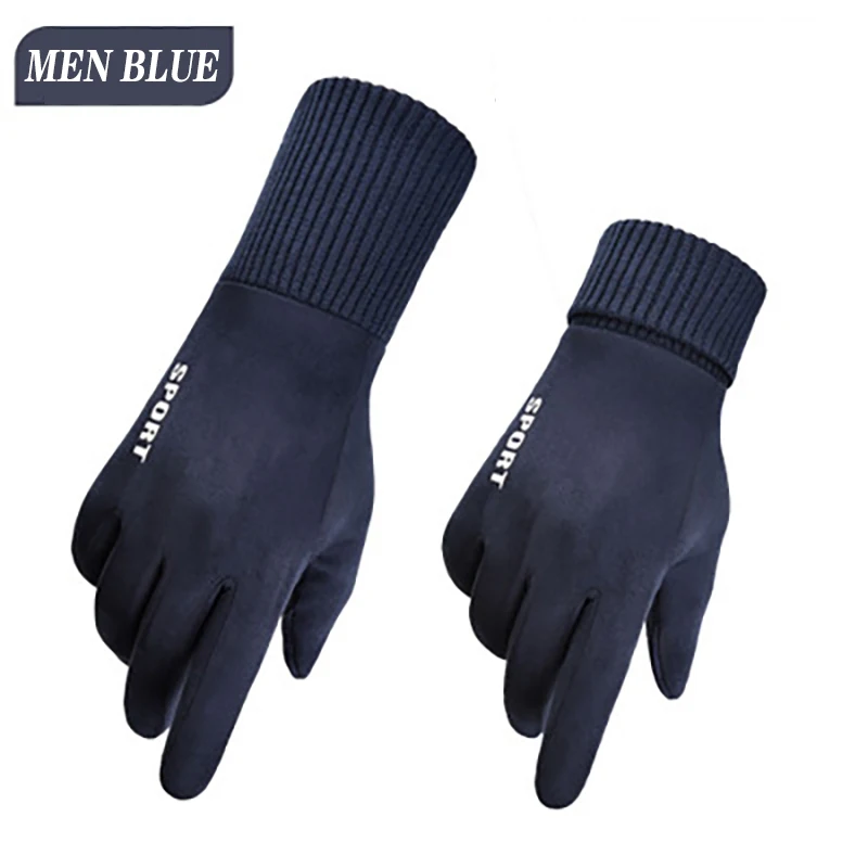 Двухслойные Замшевые мужские утолщенные теплые перчатки для верховой езды зимние женские прогулочные морозостойкие модные перчатки - Цвет: men blue