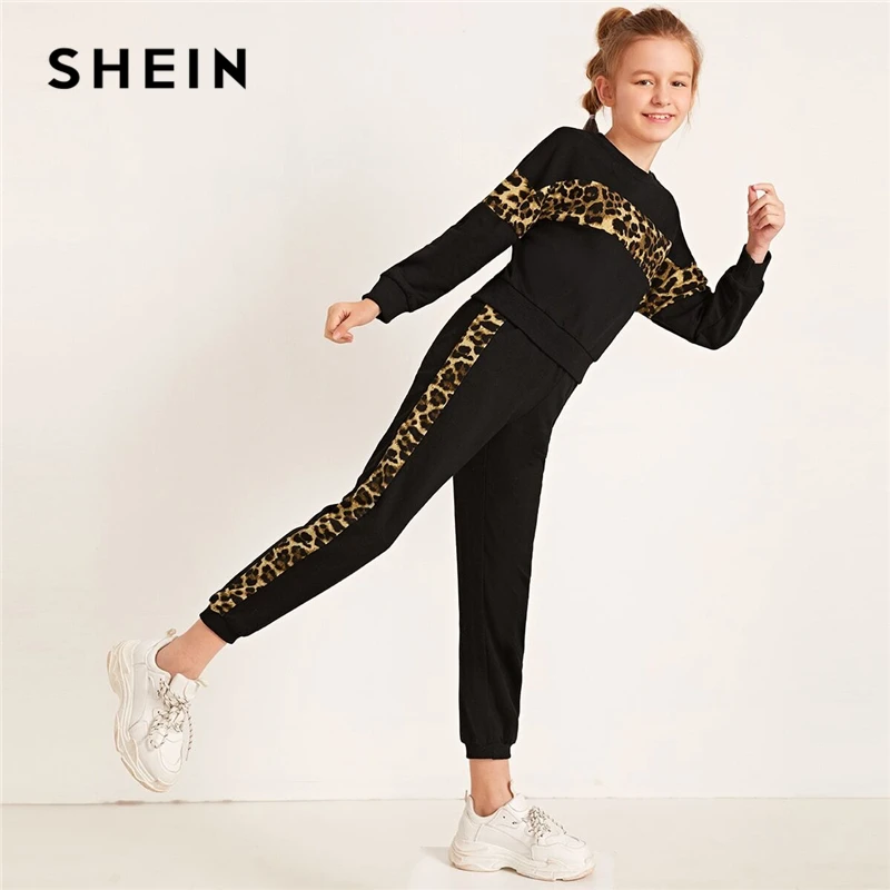 

SHEIN Kiddie Black Contrast Leopard Print Sweatshirt And Sweatpant Set Spring Colorblock Active Wear Casual Side Striped Outfits