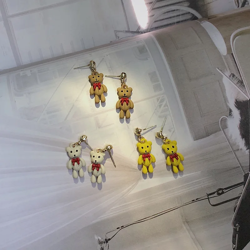 

S925 silver needle 3d long cute bear alloy stud earrings Korean style girl trendy earrings yellow fine cartoon eardrop 3 color