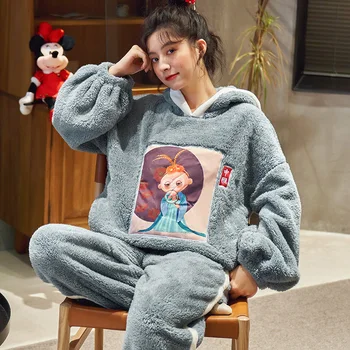 

JULY'S SONG Winter New Flannel Sleepwear Women 2 Pieces Pajama Sets Thick Warm Pajamas Comfort Girl Cute Long Sleeves Homewear