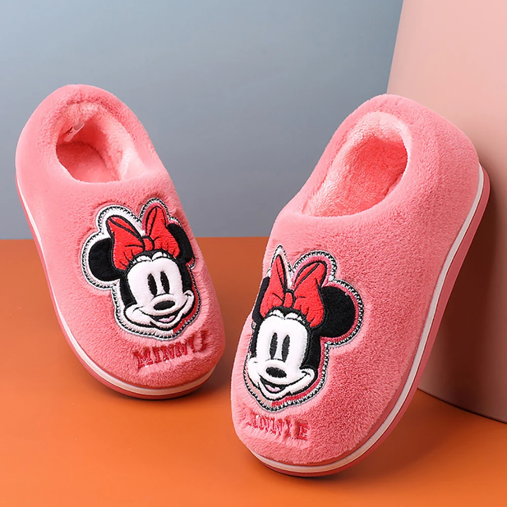 Disney Designer Baby Kids Winter Cotton Slippers For Boys Mickey Mouse Indoor Shoes Girls Cute Minnie Casual Plush Flat Heels