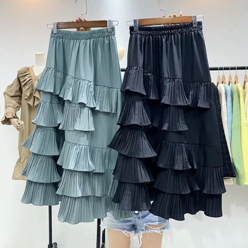 Autumn Korea Fashion Women High Waist Asymmetrical Ruffles Long Skirt All-matched Casual Sweet Pleated Skirts S321