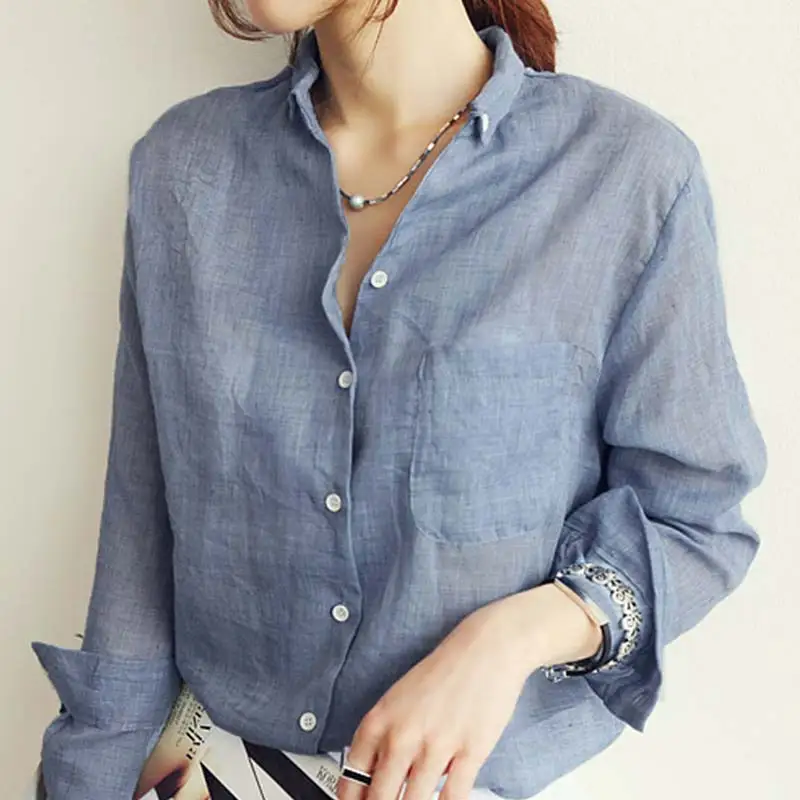 

Soft White Chemisier Comfortable Elastic Blue Linen Size S/M/L/XL/XXL 1PC Women Long Sleeve Blouse Korean Gray Womens Tops