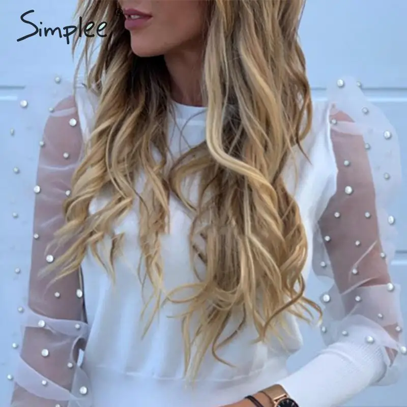 Kopen Simplee Elegante Parel Mesh Blouse Shirt Vrouwen Bladerdeeg Mouw Vrouwelijke Gebreide Top Overhemd Herfst Verkocht Casual Party Wear Dames Tops